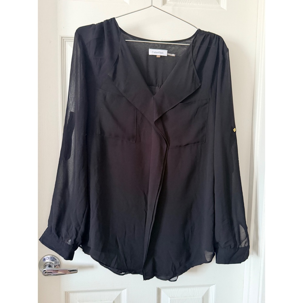 Calvin Klein Black Roll Tab Sleeve V-Neck Sheer Blouse‎ Large
